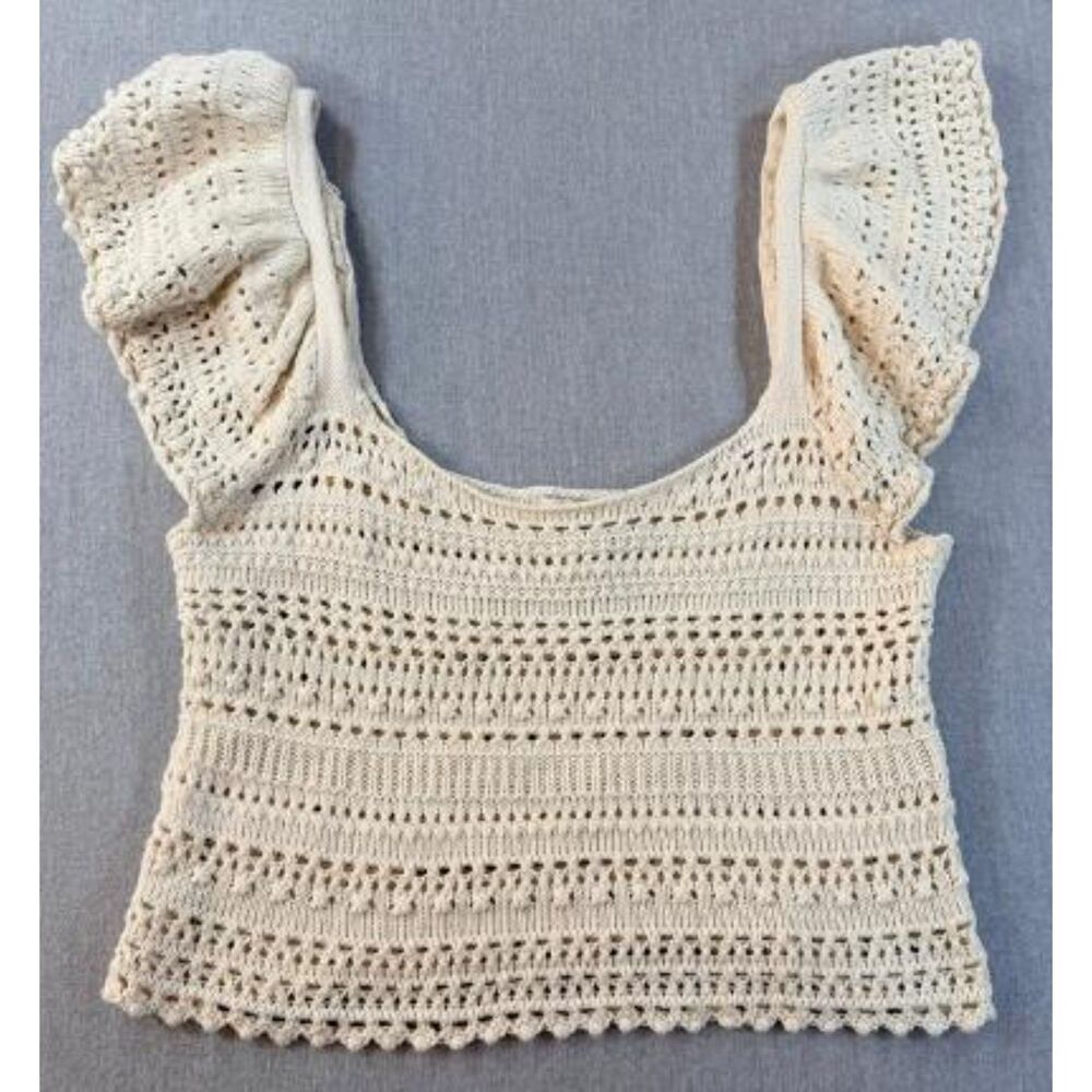 Sincerely Jules Ivory Crochet Crop Top Flutter Ruffle Sleeve Square Neck S